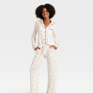 Auden Women's Cloud Knit Modal Long Sleep Notch Collar Pajama Set—Cream Hearts